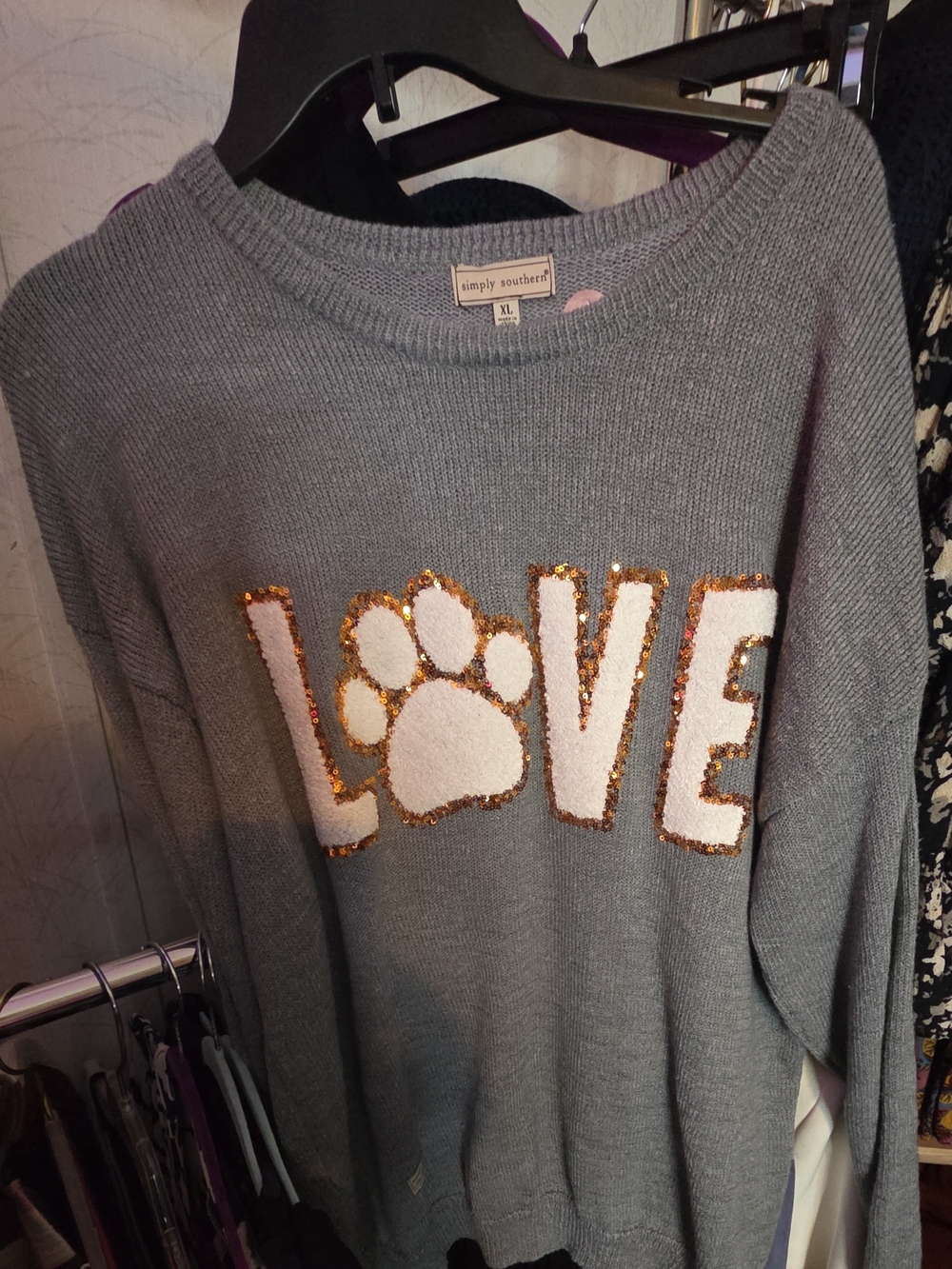 Simply Southern Gray Crewneck Sweater with White LOVE and Gold Sequin Paw